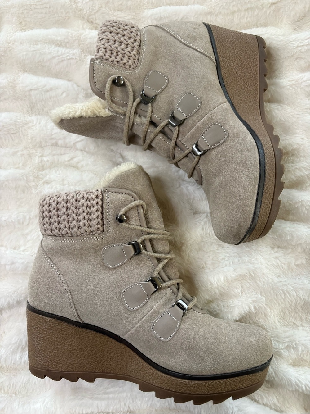 Cougar Women’s Wedge Ankle Boots - Taupe Suede with Knit Cuff